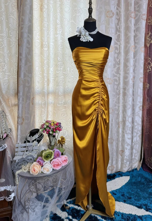 Elegant Yellow Long Prom Dress Satin Sheath Sleeveless Evening Dress with Slit DP04871