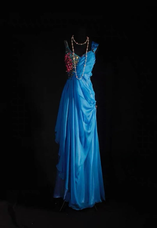 Elegant Blue Long Prom Dress Chiffon Sheath Sleeveless Evening Dress  DP04872