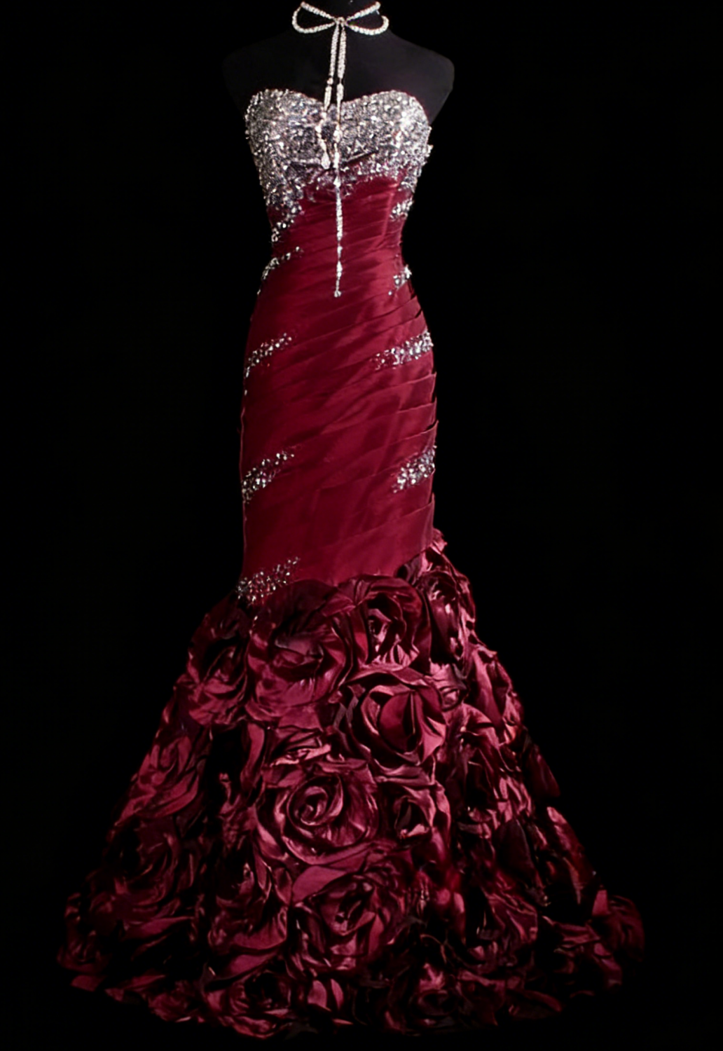 Elegant Burgundy Long Prom Dress Satin Beaded Mermaid Sleeveless Evening Dress  DP04874