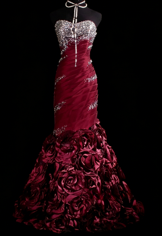 Elegant Burgundy Long Prom Dress Satin Beaded Mermaid Sleeveless Evening Dress  DP04874