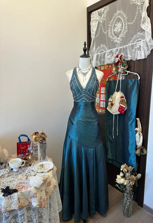 Cute Dark Teal Long Prom Dress Beaded Satin A-Line Sleeveless Evening Dress  DP04876