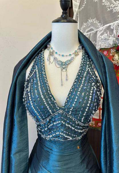 Cute Dark Teal Long Prom Dress Beaded Satin A-Line Sleeveless Evening Dress  DP04876
