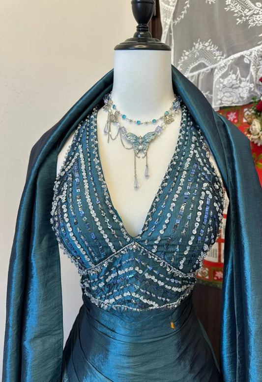 Cute Dark Teal Long Prom Dress Beaded Satin A-Line Sleeveless Evening Dress  DP04876