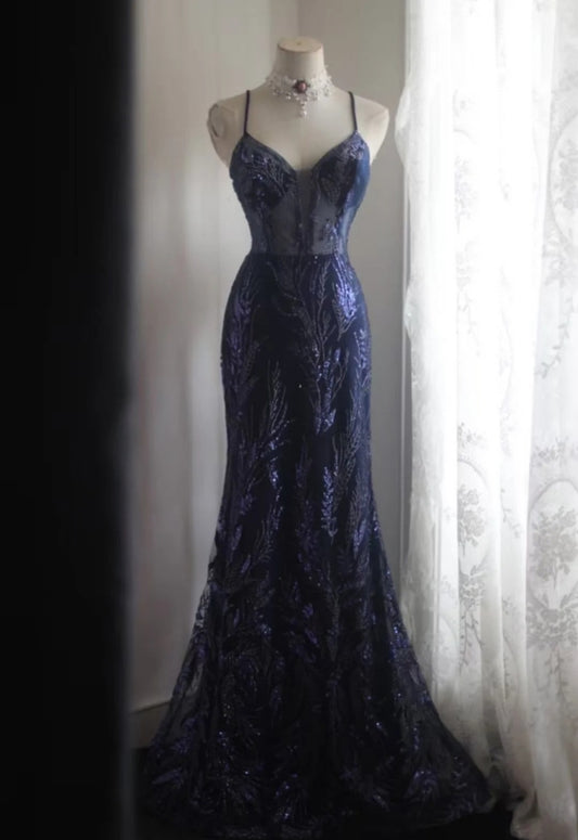 Cute  Navy Blue Long Prom Dress Beaded Tulle Mermaid Sleeveless Evening Dress DP04877