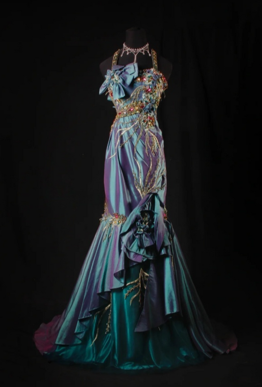 Elegant Blue Long Prom Dress Satin Beaded Spaghetti Straps Party Dress Mermaid Sleeveless Evening Dress   DP04879