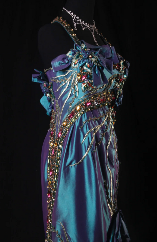 Elegant Blue Long Prom Dress Satin Beaded Spaghetti Straps Party Dress Mermaid Sleeveless Evening Dress   DP04879