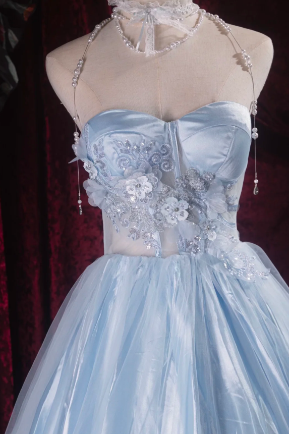 Gorgeous Blue Long Prom Dress Tulle Sweetheart Party Dress A-Line Sleeveless Evening Dress  DP04880