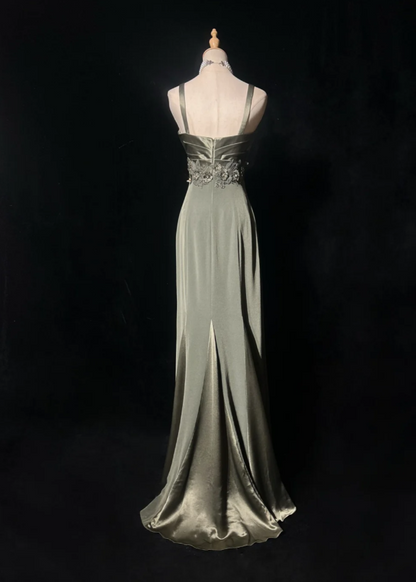Chic Green Long Prom Dress Chiffon Straps Party Dress Sheath Sleeveless Evening Dress  DP04881