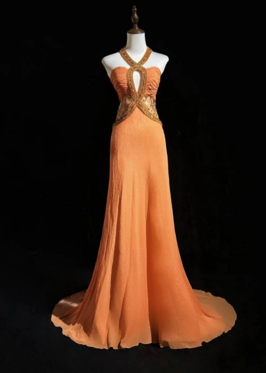 Chic Orange Long Prom Dress Beaded Chiffon Halter Party Dress Sheath Sleeveless Evening Dress  DP04882
