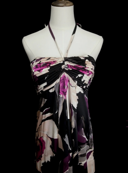 Chic Black Long Prom Dress Chiffon Halter Floral Party Dress Sheath Sleeveless Evening Dress  DP04873