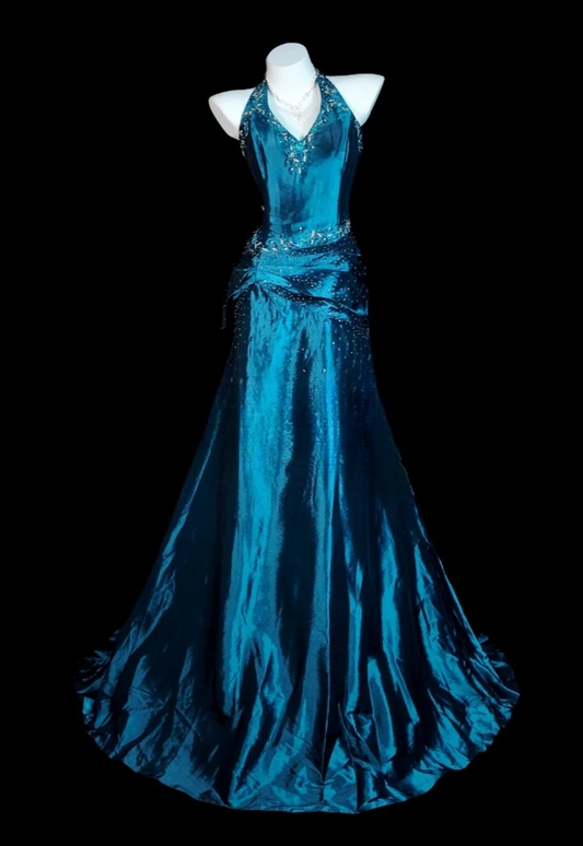 Chic Blue Long Prom Dress Satin Beaded Halter Party Dress Sheath Sleeveless Evening Dress   DP04874