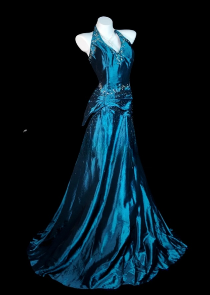 Chic Blue Long Prom Dress Satin Beaded Halter Party Dress Sheath Sleeveless Evening Dress   DP04874