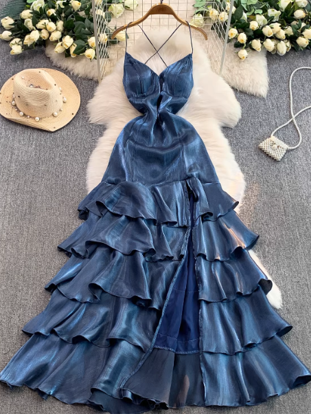 Chic Gray Blue Prom Dress Satin Spaghetti Straps Party Dress Sheath Sleeveless Evening Dress   DP04887