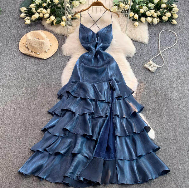 Chic Gray Blue Prom Dress Satin Spaghetti Straps Party Dress Sheath Sleeveless Evening Dress   DP04887