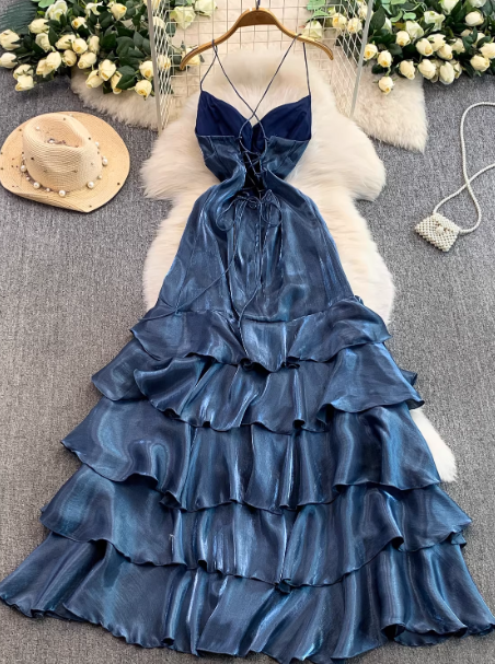 Chic Gray Blue Prom Dress Satin Spaghetti Straps Party Dress Sheath Sleeveless Evening Dress   DP04887