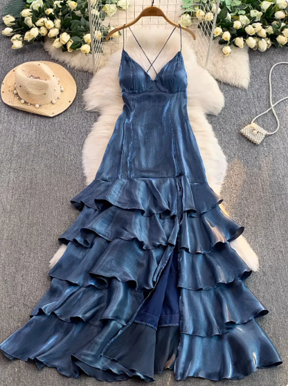Chic Gray Blue Prom Dress Satin Spaghetti Straps Party Dress Sheath Sleeveless Evening Dress   DP04887