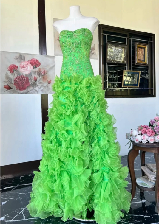 Chic Green Long Prom Dress Beaded Tulle Sweetheart Party Dress A-Line Sleeveless Evening Dress  DP04888