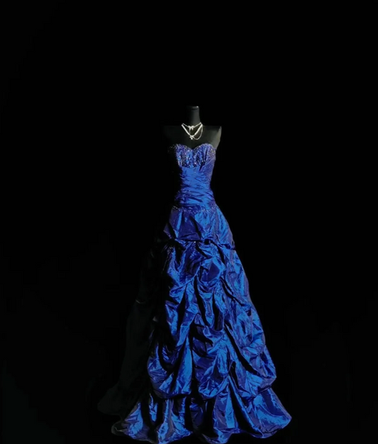 Chic Dark Blue Long Prom Dress Beaded Satin Sweetheart Party Dress A-Line Sleeveless Evening Dress  DP04889