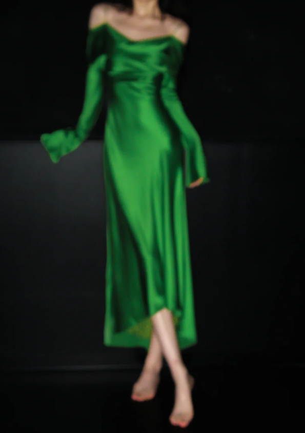 Chic Green Long Prom Dress Satin Sapghetti Straps Party Dress Sheath Long Sleeves Evening Dress  DP04890