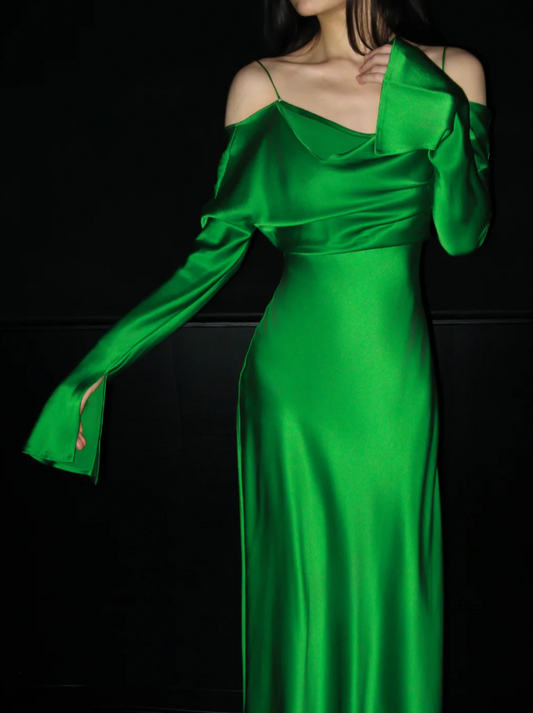 Chic Green Long Prom Dress Satin Sapghetti Straps Party Dress Sheath Long Sleeves Evening Dress  DP04890
