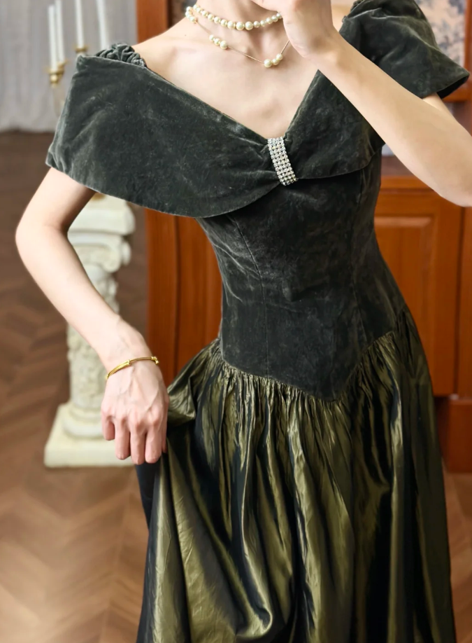 Chic Off-shoulder Long Prom Dress Velvet Party Dress A-Line Sleeveless Evening Dress   DP04891