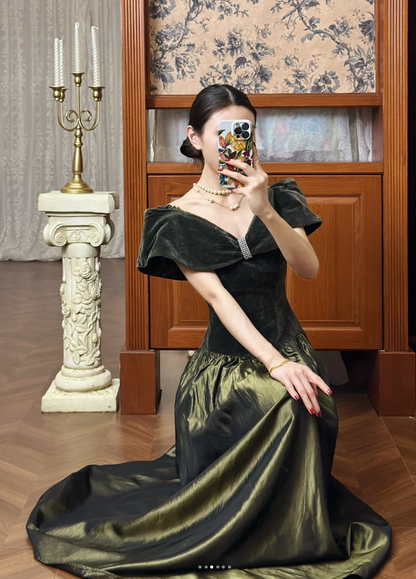 Chic Off-shoulder Long Prom Dress Velvet Party Dress A-Line Sleeveless Evening Dress   DP04891