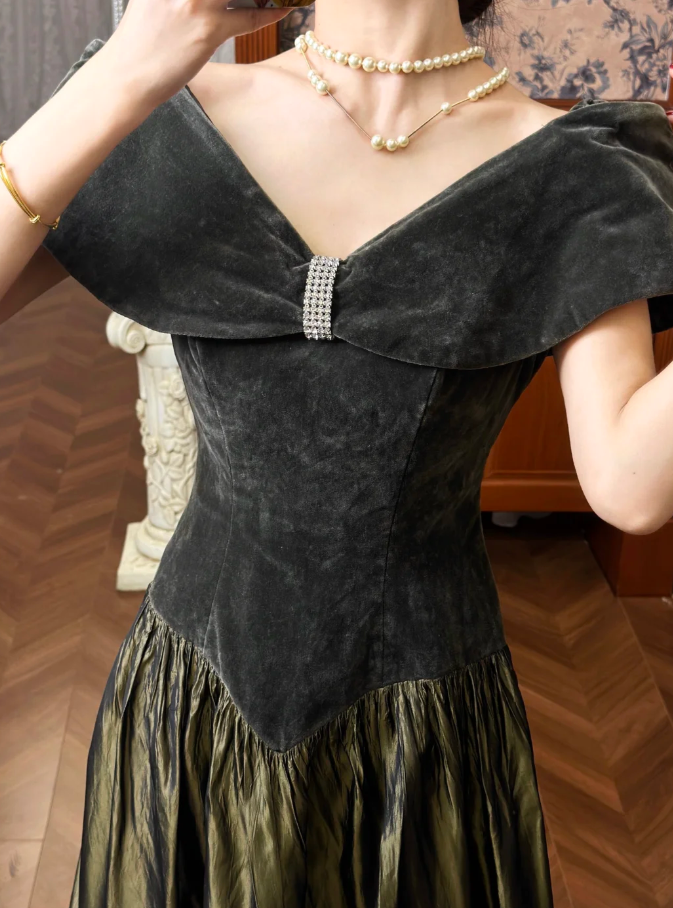 Chic Off-shoulder Long Prom Dress Velvet Party Dress A-Line Sleeveless Evening Dress   DP04891