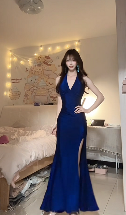 Chic Navy Blue Long Prom Dress Satin V-neck Party Dress Sheath Sleeveless Evening Dress with Slit DP04892