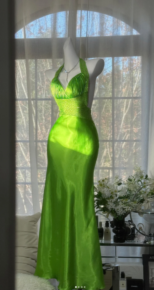 Chic Green Long Prom Dress Beaded Satin Halter Birthday Dress Sheath Sleeveless Evening Dress  DP04895