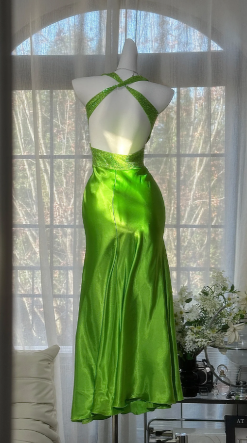 Chic Green Long Prom Dress Beaded Satin Halter Birthday Dress Sheath Sleeveless Evening Dress  DP04895