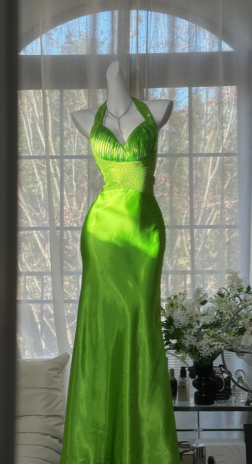 Chic Green Long Prom Dress Beaded Satin Halter Birthday Dress Sheath Sleeveless Evening Dress  DP04895