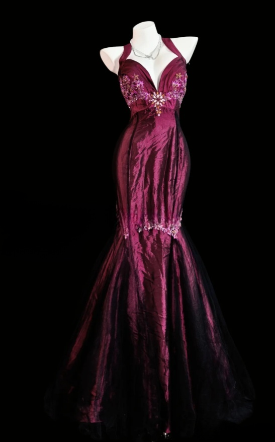 Chic Grape Long  Prom Dress Satin Halter Birthday Dress Mermaid Sleeveless Evening Dress DP04897