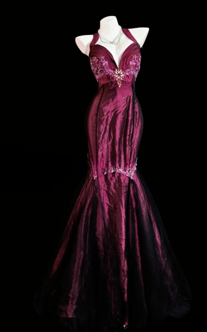 Chic Grape Long  Prom Dress Satin Halter Birthday Dress Mermaid Sleeveless Evening Dress DP04897