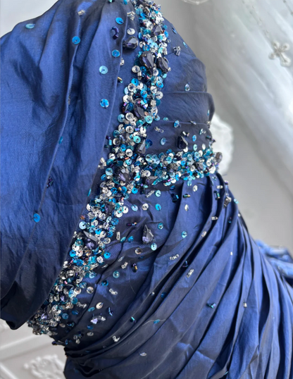 Gorgeous Navy Blue Long Prom Dresses Taffeta Strapless Sheath Evening Dress Sleeveless Birthday Outfit DP04901