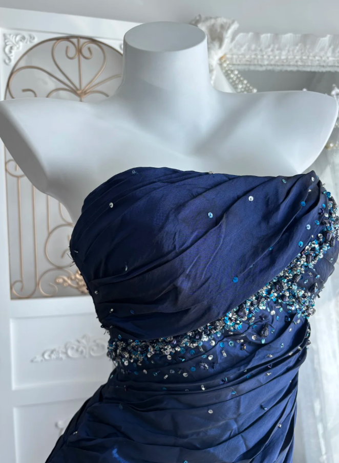 Gorgeous Navy Blue Long Prom Dresses Taffeta Strapless Sheath Evening Dress Sleeveless Birthday Outfit DP04901