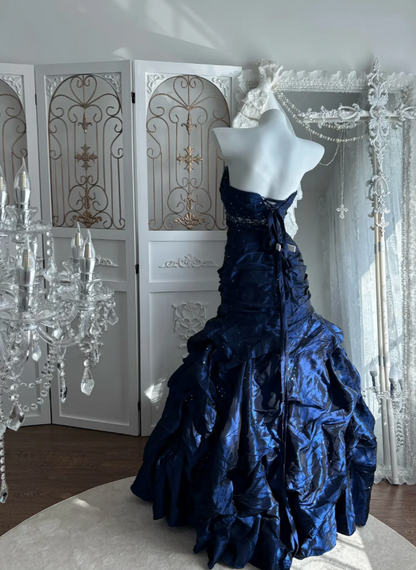 Gorgeous Navy Blue Long Prom Dresses Taffeta Strapless Sheath Evening Dress Sleeveless Birthday Outfit DP04901