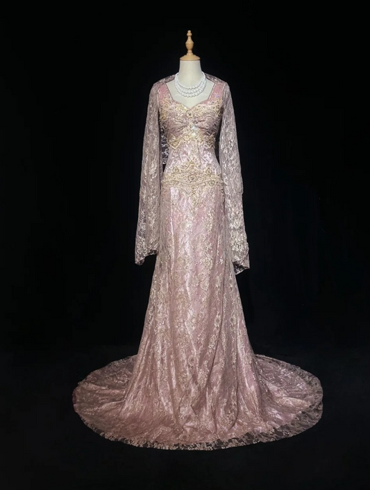 Gorgeous Pink Long Prom Dresses Beaded Lace Queen Anne Sheath Evening Dress Sleeveless Formal Dress DP04903