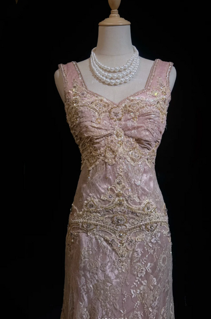 Gorgeous Pink Long Prom Dresses Beaded Lace Queen Anne Sheath Evening Dress Sleeveless Formal Dress DP04903