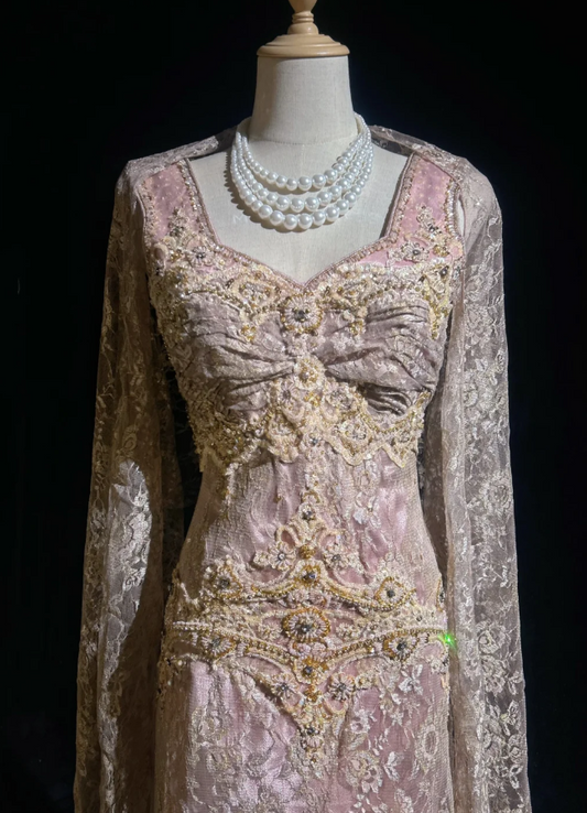 Gorgeous Pink Long Prom Dresses Beaded Lace Queen Anne Sheath Evening Dress Sleeveless Formal Dress DP04903