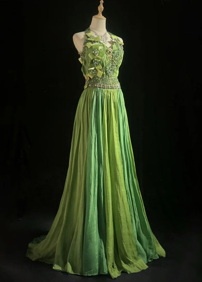 Gorgeous Green Long Prom Dresses Chiffon Beaded V-neck A-Line Evening Dress Sleeveless Birthday Dress DP04907