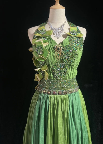 Gorgeous Green Long Prom Dresses Chiffon Beaded V-neck A-Line Evening Dress Sleeveless Birthday Dress DP04907