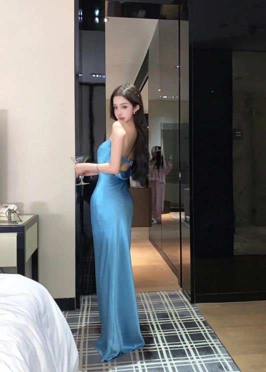 Gorgeous Blue Long Prom Dresses Satin Strapless Sheath Evening Dress Sleeveless Birthday Dress DP04908