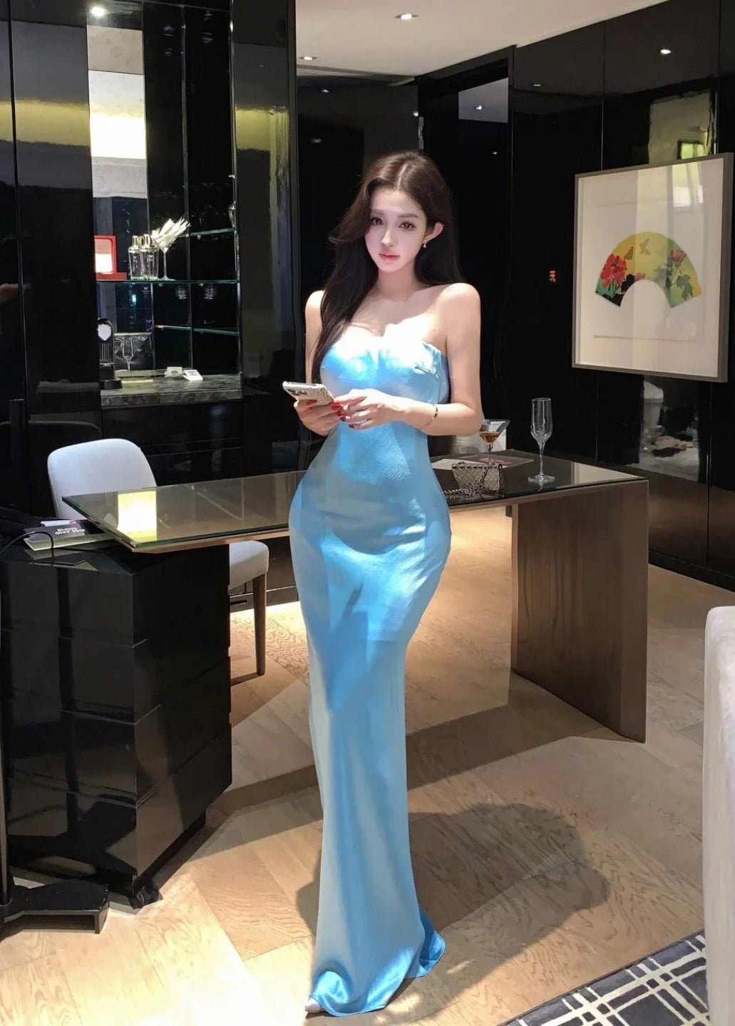 Gorgeous Blue Long Prom Dresses Satin Strapless Sheath Evening Dress Sleeveless Birthday Dress DP04908