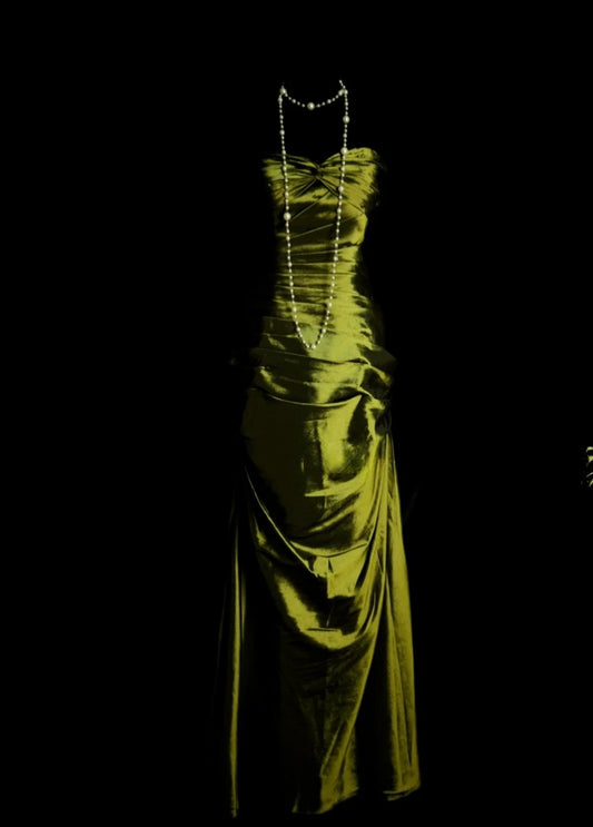 Chic Olive Green Long Prom Dresses Satin Sweetheart Sheath Evening Dress Sleeveless Birthday Dress DP04909