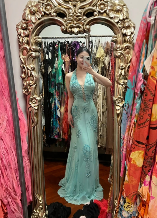 Chic Tiffany Blue Long Prom Dresses Chiffon Beaded Sheath Evening Dress V-neck Sleeveless Birthday Dress DP04910