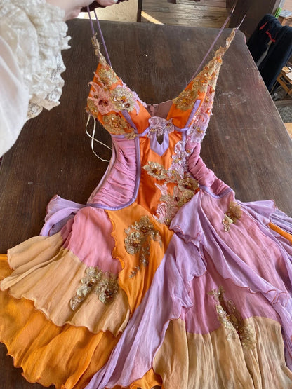 Chic Orange Short Prom Dresses  Beaded Chiffon Sheath Evening Dress Spaghetti Straps Birthday Dress DP04913