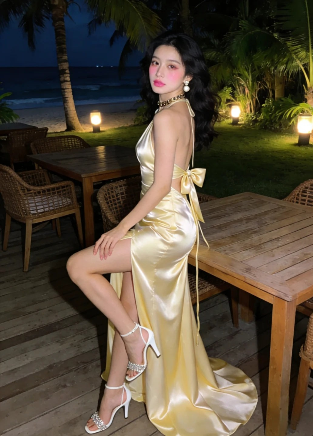Sexy Butter Yellow Long Prom Dresses  Satin Sheath Evening Dress Spaghetti Straps Backless Birthday Dress DP04914
