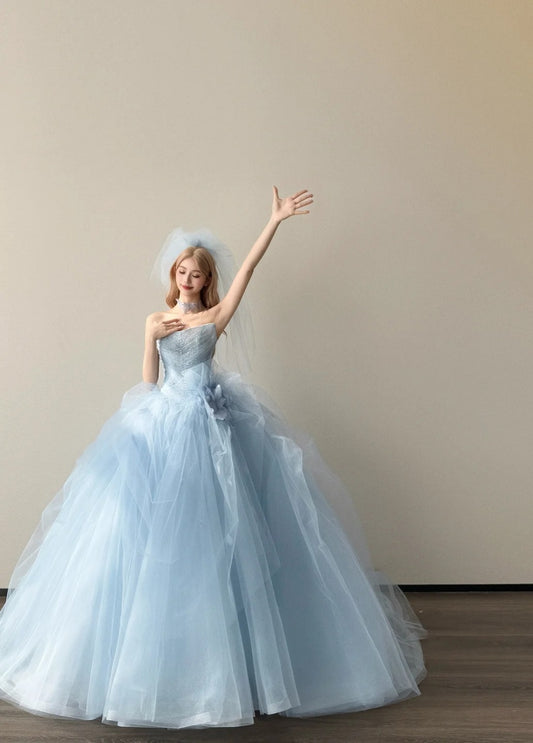 Cute Pale Blue Long Prom Dresses Tulle A-line Evening Dress Strapless  Birthday Dress DP04915