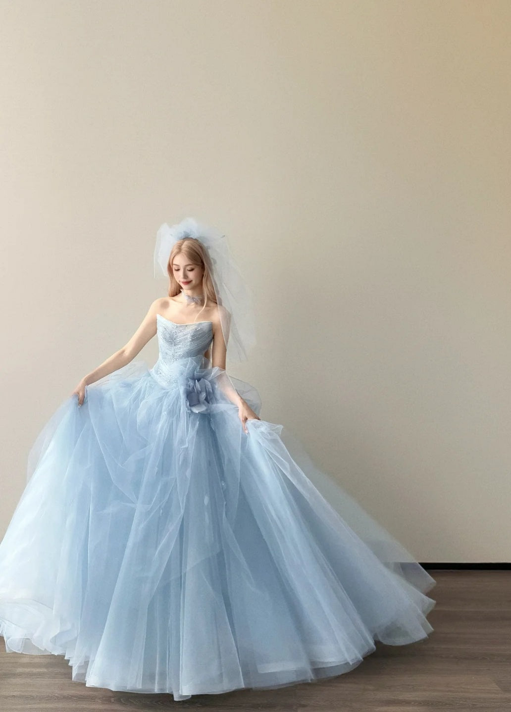 Cute Pale Blue Long Prom Dresses Tulle A-line Evening Dress Strapless  Birthday Dress DP04915