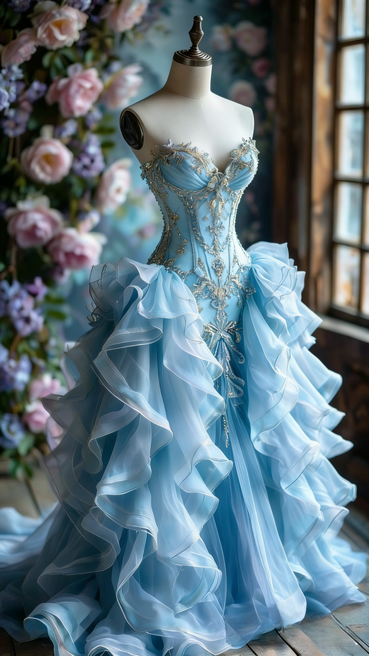 Cute Blue Long Prom Dresses  Rhinstones Tulle A-line Evening Dress Sweetheart Birthday Dress DP04917